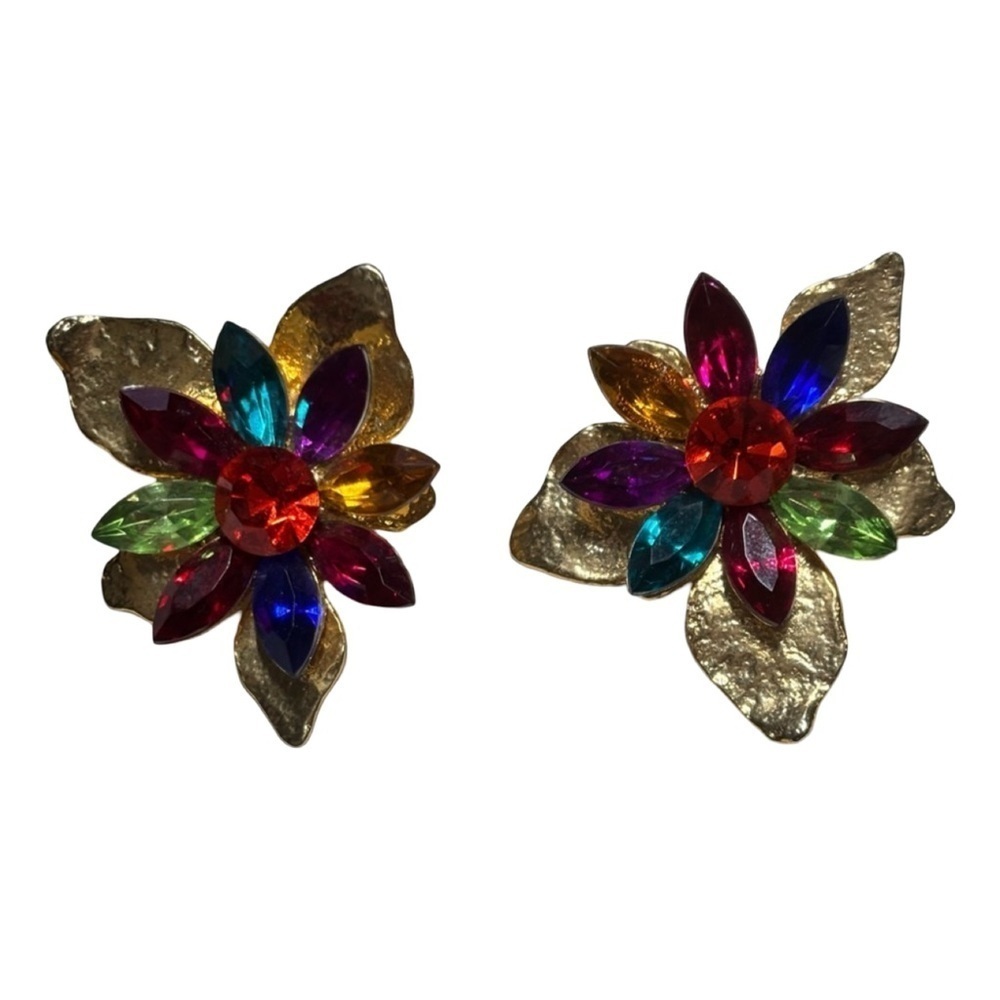 1980s Large Flower Leaf Gold Plated Multi Colored Rhinestone Clip Earrings